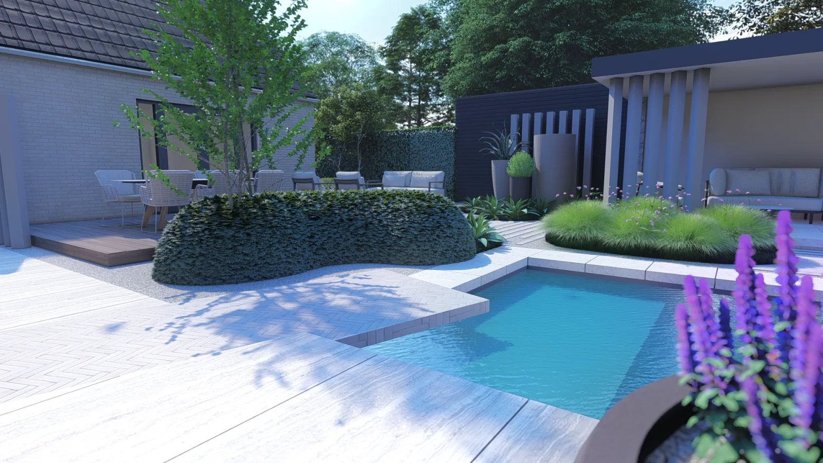 Strak vormgegeven tuin met terras en borders, ontworpen voor een woning in Haarlem